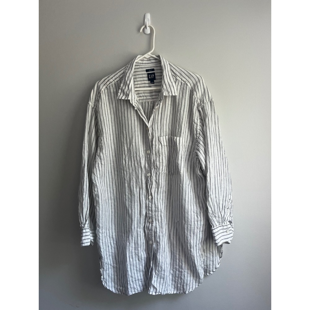 Gap Mens XL Linen Button Down Shirt White Grey Striped Long Sleeve Relaxed Fit